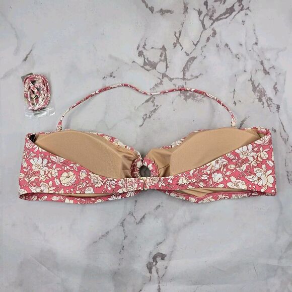 J Crew Swim Top 2X Pink Floral Bandeau Bikini Tie Back String Ring Halter BH555 - Picture 4 of 10